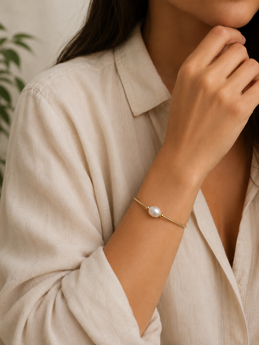 Freshwater Pearl Wire-Wrapped Cuff Bracelet — Adjustable Gold-Plated Bangle (White)