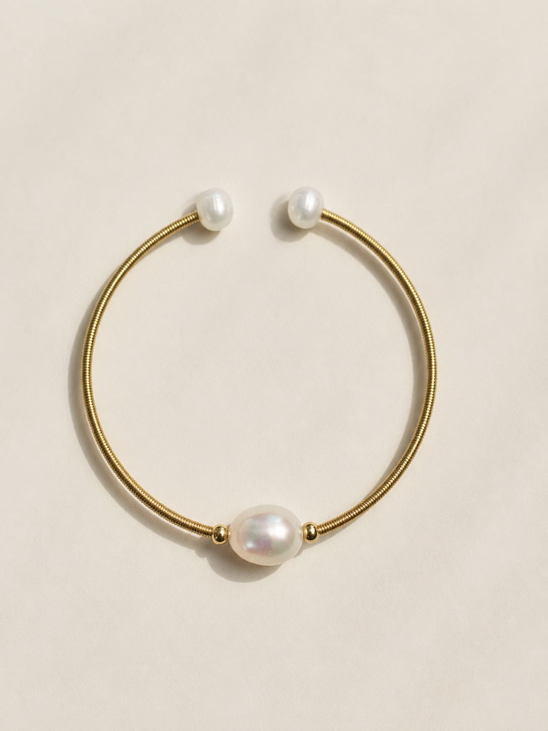 Freshwater Pearl Wire-Wrapped Cuff Bracelet — Adjustable Gold-Plated Bangle (White)